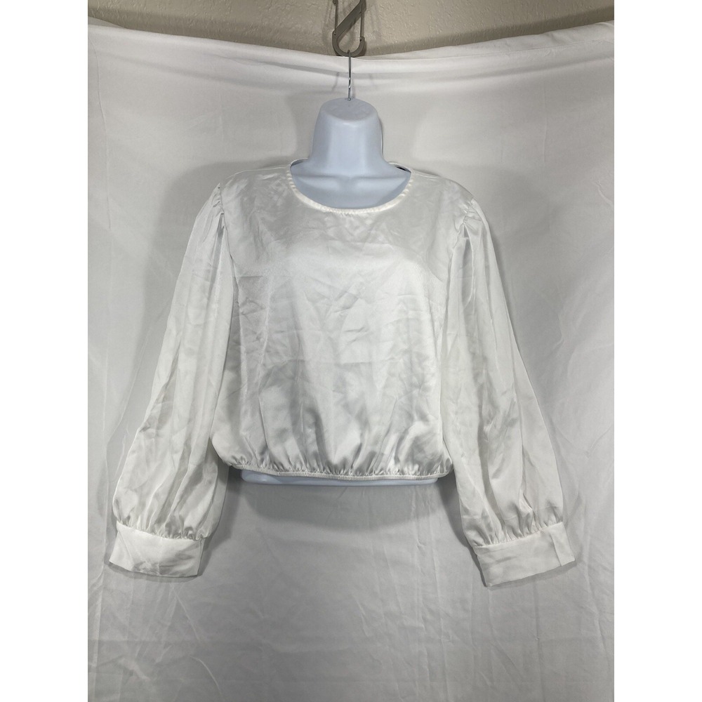 PRETTY GARDEN Women's Waist Blouse Cropped Top Puff Sleeves White Size Large New